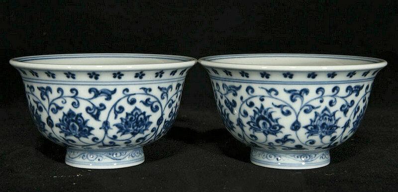 Chinese blue and white porcelain bowl pair: Size: Width 9.6 cm - Height 5.5 cm Materials: Porcelain Time Period: Ming dynasty Manufactured Date: Xuande Period Origin: China