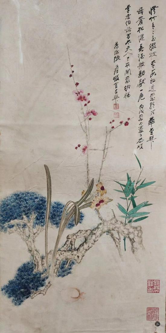 Chinese scroll painting: Size: Height 93 cm - Width 52 cm Materials: ink color and paper Time Period: Qing dynasty Manufactured by: Zhang Daqian Origin: China Chang Dai-chien or Zhang Daqian was one of the best-known and most
