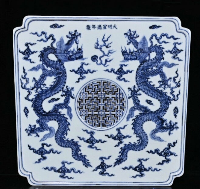 Chinese blue and white porcelain tray: Size: Width 30.9 cm - Height 4 cm Materials: Porcelain Time Period: Ming dynasty Manufactured Date: Xuande Mark & Period Origin: China