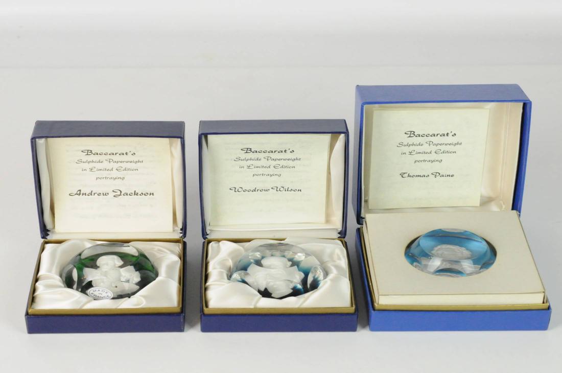 3 Baccarat Crystal Paperweights with Boxes: 3 Baccarat Crystal Sulphide Paperweights, Limited Editions, portraying Andrew Jackson, Woodrow Wilson, and Thomas Paine. All in original boxes w/ paperwork. Condition: No Visible Damage. Please examin