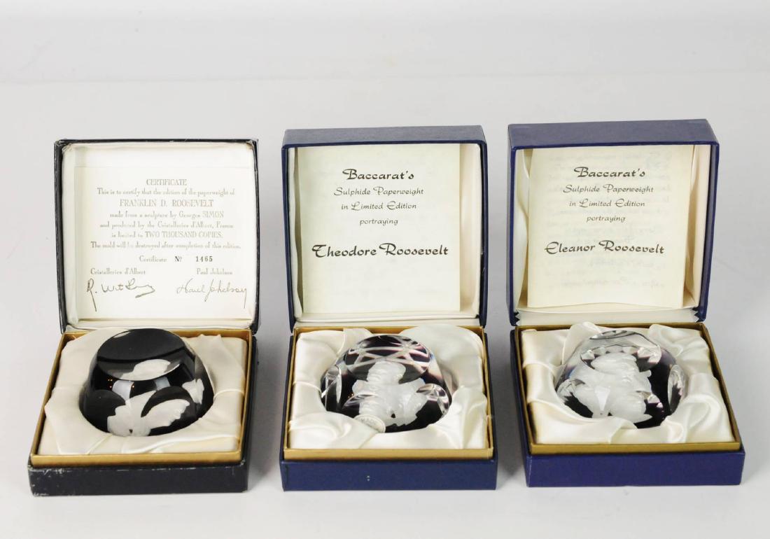 3 Baccarat Crystal Paperweights with Boxes: 3 Baccarat Crystal Sulphide Paperweights, Limited Editions, portraying Andrew Jackson, Woodrow Wilson, and Thomas Paine. All in original boxes w/ paperwork. Condition: No Visible Damage. Please examin