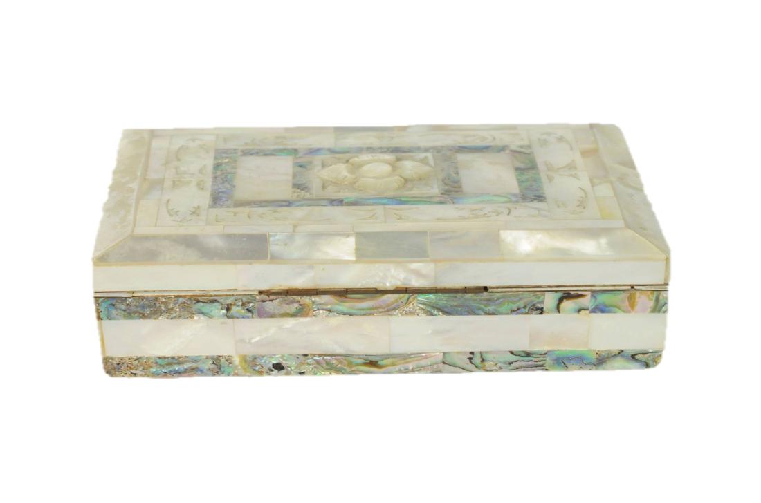 Abalone & Carved Mother of Pearl Jewelry Box: Abalone & Mother of Pearl Jewelry box. Measures: 5.5" L x 3.75" W x 1.5" H. Please examine all photos closely. Contact C. Biddle Auction Gallery for more detailed information. C. Biddle Auction Galler