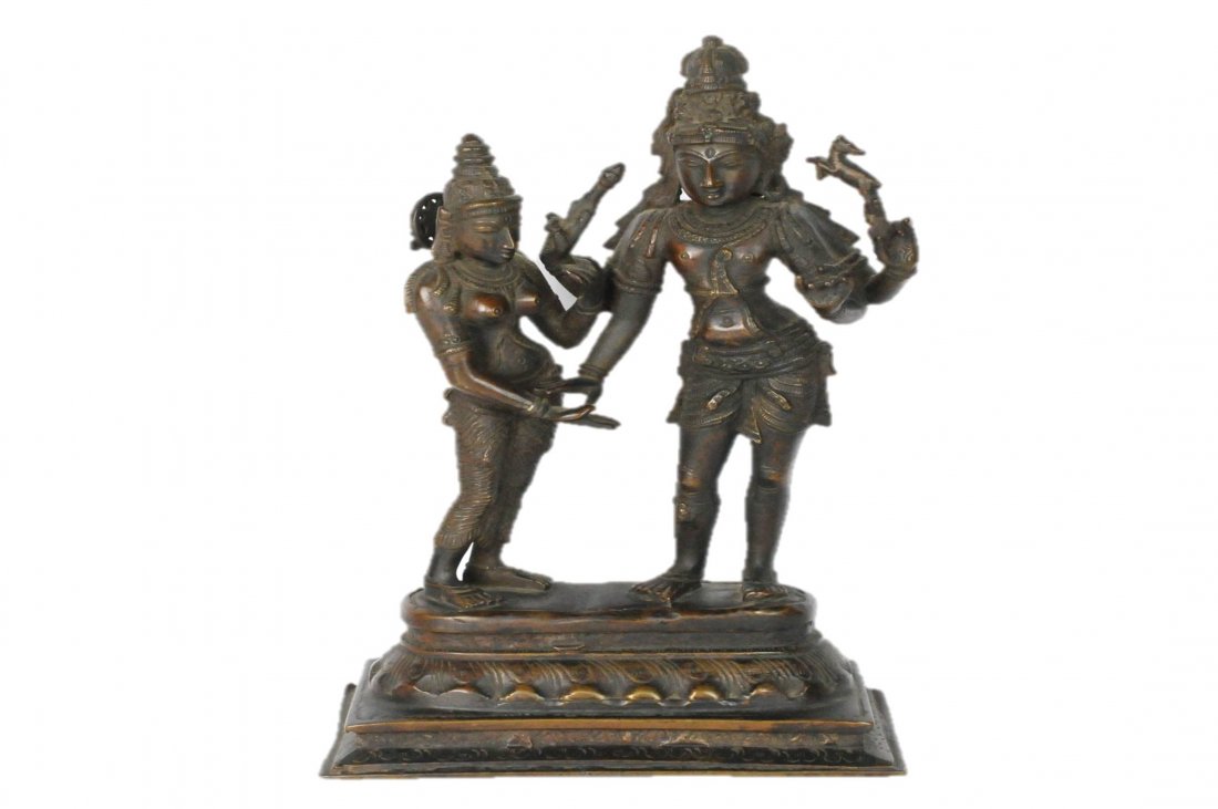 Bronze Sculpture Chinese Tibetan Diety Man & Woman: Bronze Sculpture Chinese Tibetan Diety Man & Woman. Measures: 7" L x 4" W x 13" H. Condition: Good, one front corner slightly bent. Please examine all photos closely. Contact C. Biddle Auction Gallery