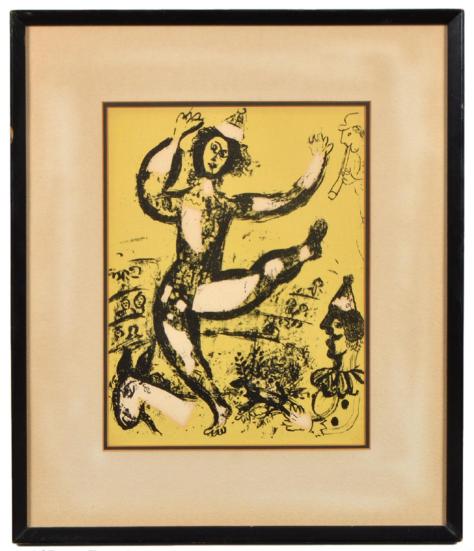 Marc Chagall "Le Cirque" Lithograph on Paper: Lithograph by Marc Chagall Lithograph. 'Le Cirque'. Measures: Framed 19.5" H x 16.6" W, visible paper 12.25" H x 9.25" W. Condition: Good. Litho is behind glass and has not been seen out of frame. Ple