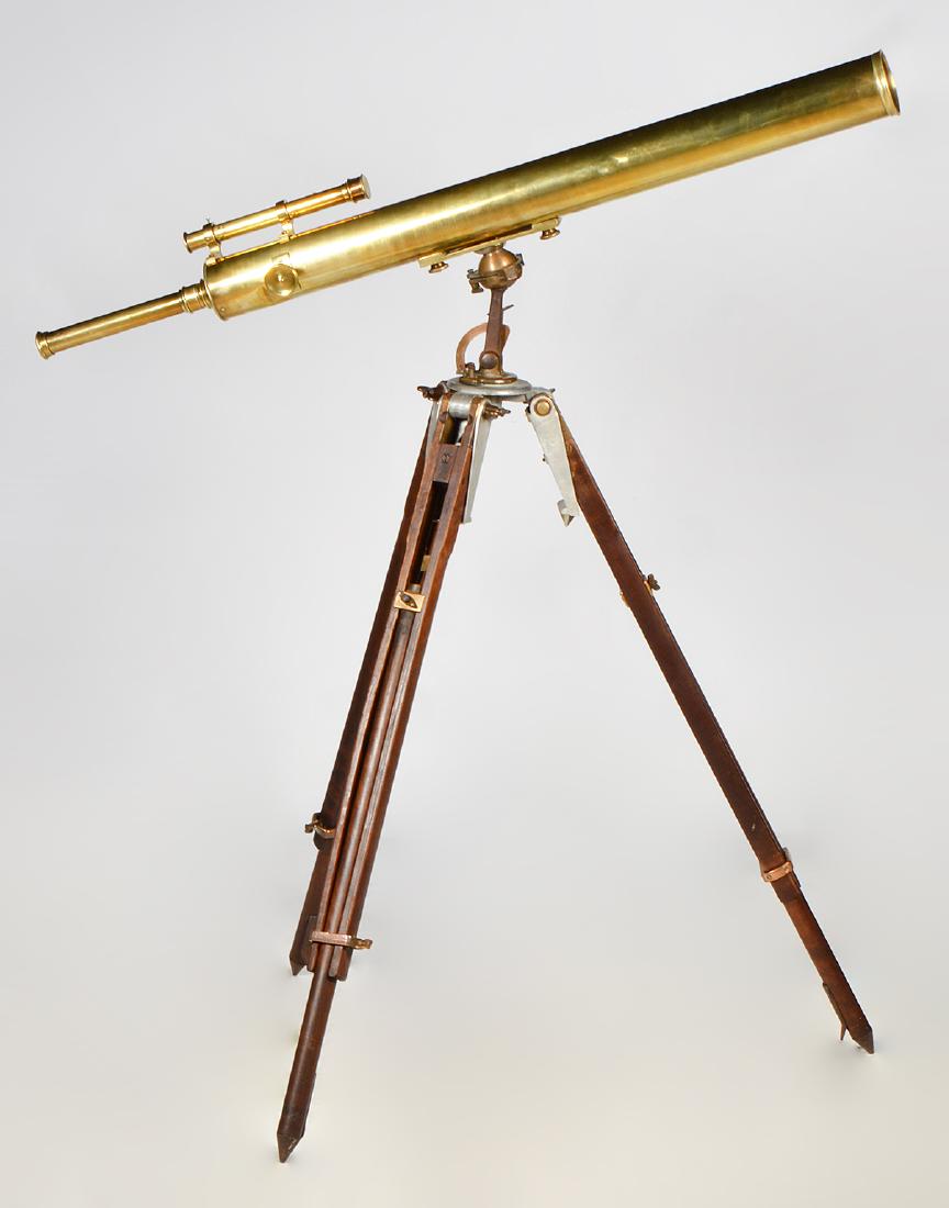 Broadhurst Clarkson & Co. London Telescope: Broadhurst Clarkson & Co. London Telescope on tripod base with brass tubes and sighting scope. Signed on barrel, Turner and Evans LTD. New Zealand on the fittings. Iron and mahogany with brass fitting