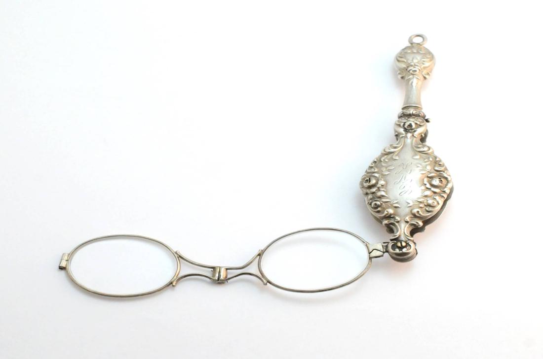 Vintage Sterling Silver Lorgnette Opera Glasses: Vintage Sterling Silver Lorgnette Opera Glasses. Measures: 4.75"L Condition: Few minor dings. Please examine all photos closely. Contact C. Biddle Auction Gallery for more detailed information. C. Bid