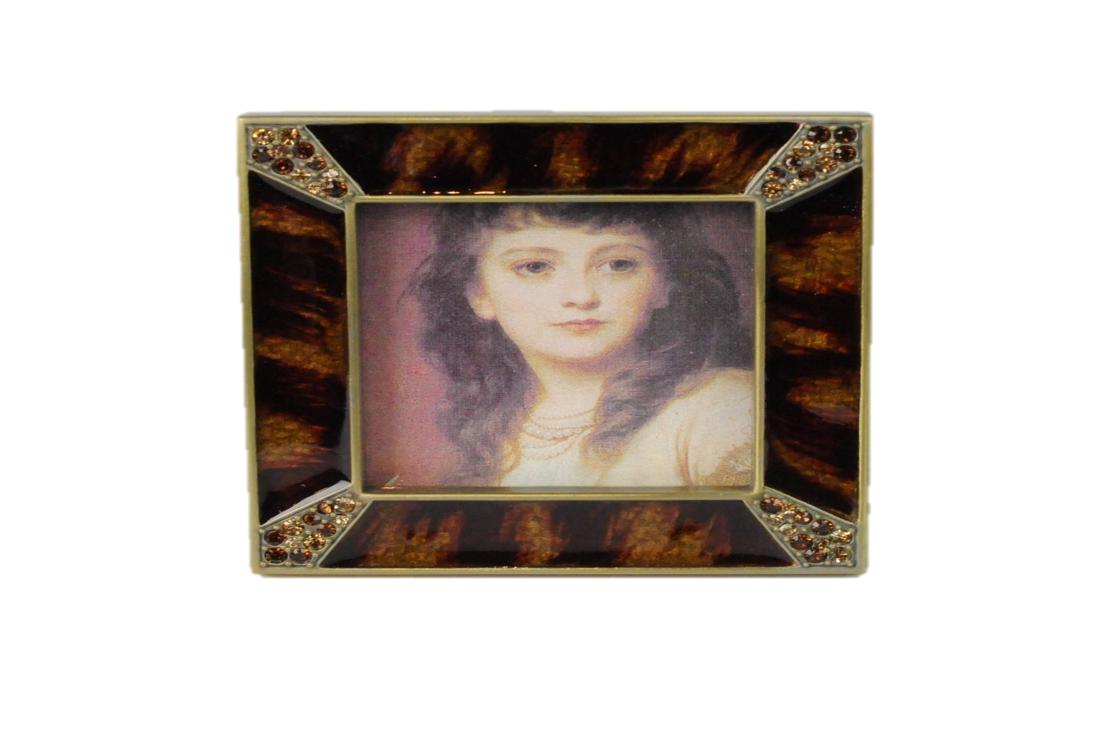 Jay Strongwater Enamel Amber Crystal Picture Frame: Jay Strongwater Enamel Amber Crystal Picture Frame. Signed: Jay Strongwater. Measures: 3" x 3". Condition: Excellent. Please examine all photos closely. Contact C. Biddle Auction Gallery for more deta
