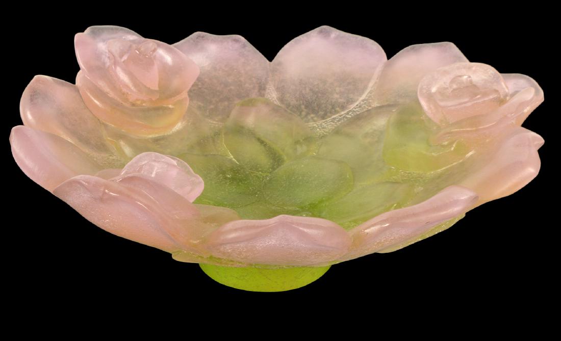 Daum France Crystal Pate De Verre Rose Bowl: Daum France Crystal Pate De Verre Rose and Lotus Leaf Bowl. Signed on the bottom edge. Measures: 3.5" H x 10.5" W. Condition: Good. Please examine all photos closely. Contact C. Biddle Auction Gallery