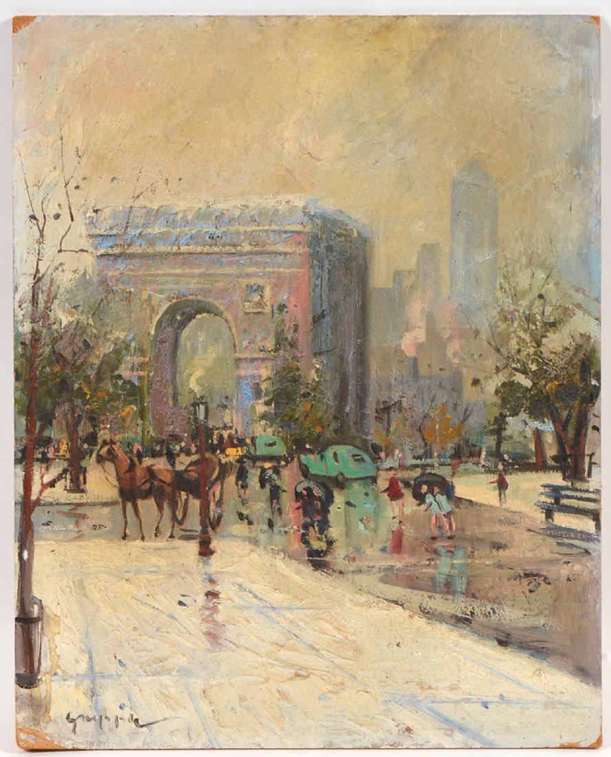Charles Gruppe 'New York City Winter' O/B: Charles Gruppe 'New York City Winter' Painting. American born in 1928. Oil on board. New York City Winter Scene or Paris. We believe it is Charles Gruppe but could be another Gruppe family member. Mea