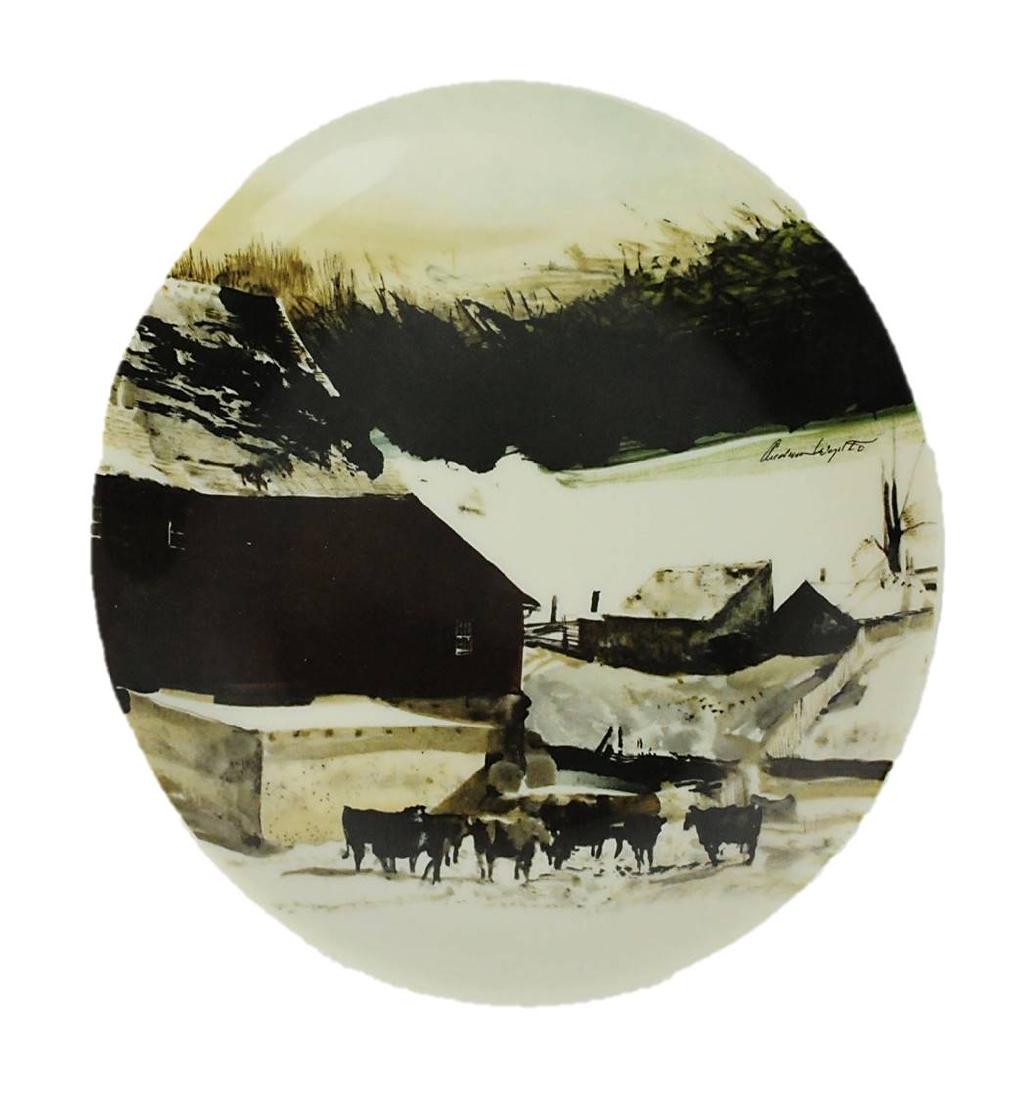 Andrew Wyeth Plate for Georg Jensen Kuerner Farm: Collectors plate 1971 by Andrew Wyeth for Georg Jensen, The Kuerner Farm. Signed under glaze. Measures: 11" H x 8" W visual; Framed: 17" H x 14" W. Plate diameter 8". Condition: Excellent. Please exam