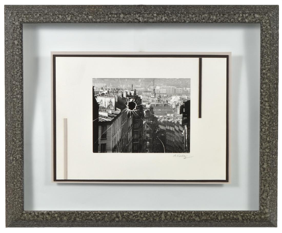 Andre Kertesz 'Broken Window' Paris 1929 Print: Andre Kertesz Print (possibly gelatin). 'Broken Window, Paris 1929'. Signed on matting underneath photo. Visible Photo Measures: 7.5" H x 9.75" W. 11"H x 8"W visual; Framed: 17"H x 14W". Framed neatly
