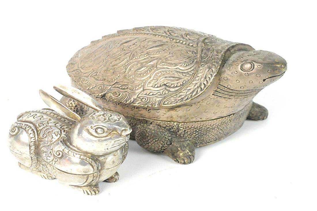 Vintage Metal Chased Boxes w/ Turtle & Rabbit: Vintage Metal Chased Boxes with Turtle & Rabbit. Measures: Turtle 8" L x 5" W x 4.5 " H. Rabbit: 4" L x 2" W x 4" H. Condition: Very Good. Please examine all photos closely. Contact C. Biddle Auction