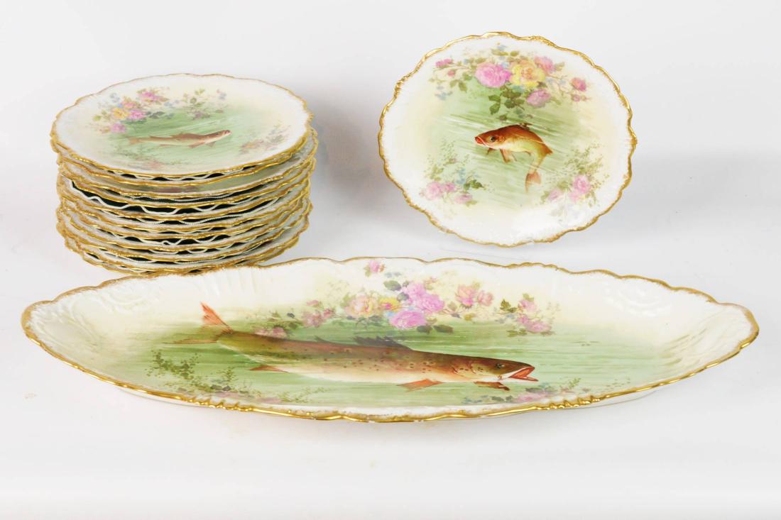 Antique French Limoges 12 Fish Plates & Platter