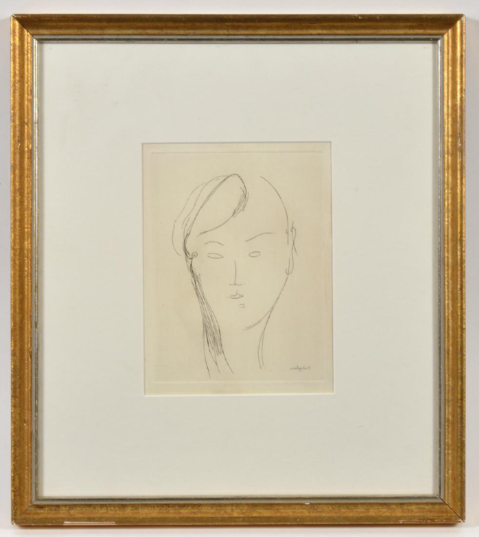 Amedeo Modigliani Etching on Paper 'Head': Amedeo Modigliani (1884 - 1920) Etching is on paper titled 'Head'. Brentano's Galleries, New York NY. Measures: visible etching 6.25" H x 5.75" W. Framed 14" H x 12.5" W. Condition: Good. Etching is b