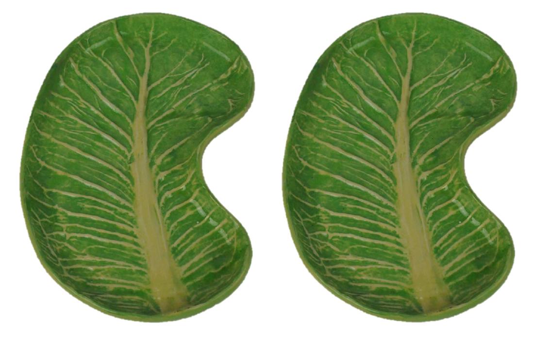 2 Dodie Thayer Lettuce Ware Lunch Plates: Pair Dodie Thayer Lettuce Ware Lunch Plates. Measures: 7.75" L x 4.25" W. Condition: Very good, one has had restoration. Please examine all photos closely. Contact C. Biddle Auction Gallery for more d