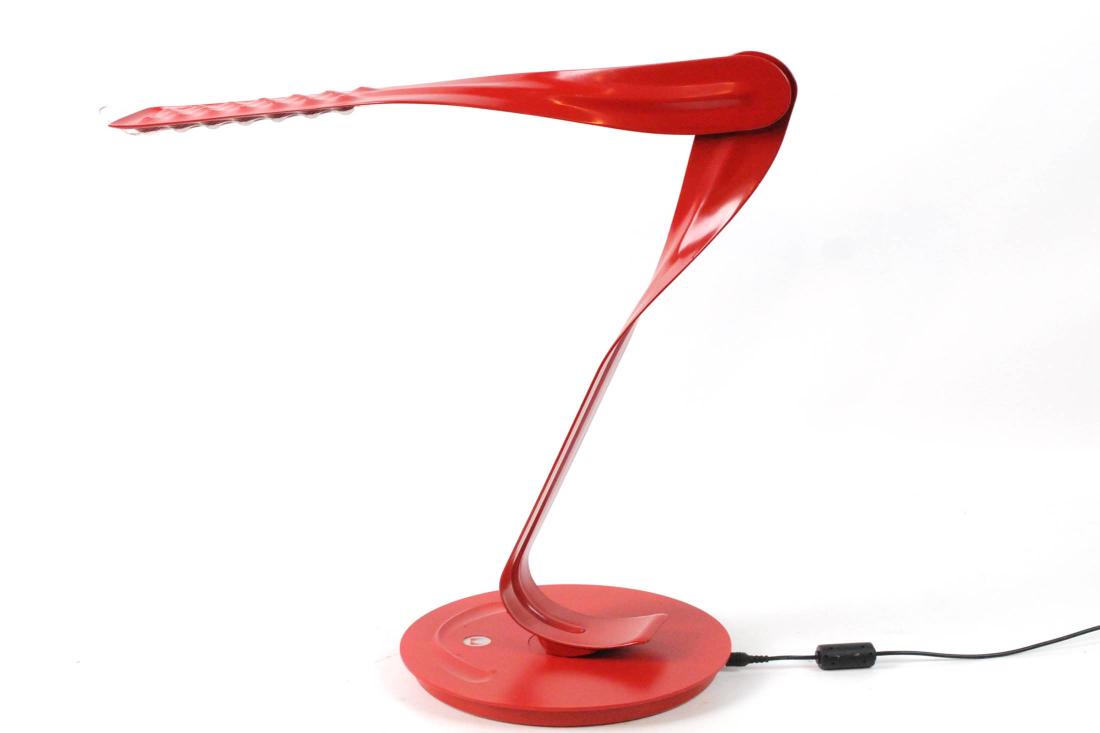 Herman Miller's Leaf LED Light by Yves Behar: Herman Miller's Red Leaf LED Light by Yves Behar. Measures: 20" H x 8.5"D base. Condition: Excellent. Please examine all photos closely. Contact C. Biddle Auction Gallery for more detailed information