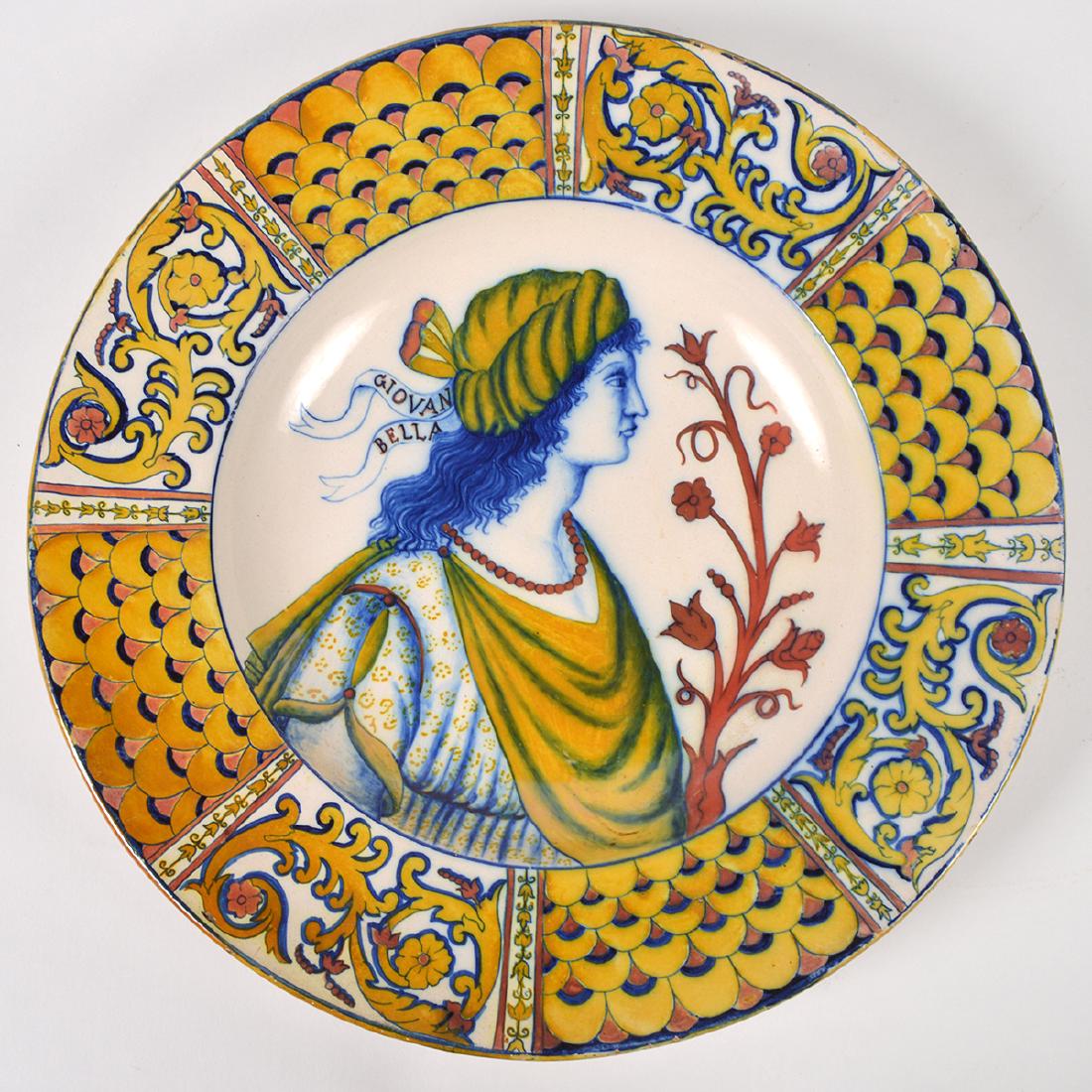 Italian Large Majolica Charger Earthenware Glazed: Italian Large Majolica earthenware glazed charger "Giovan Bella". Measures: 15" D. Condition: Very Good. Please examine all photos closely. Contact C. Biddle Auction Gallery for more detailed informat