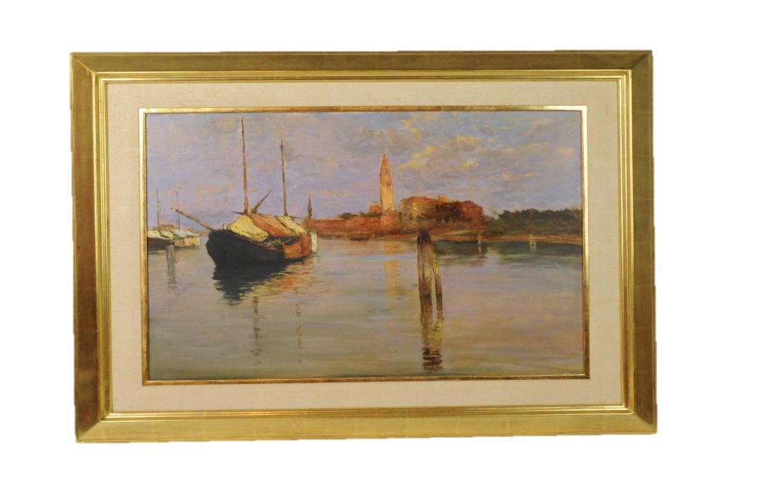 Signed Italian Oil Painting Venice Scene: Venice Scene, Signed, Oil on Canvas. Signed on lower right corner, signature illegibly. Measures: Canvas: 19" H x 27.5" W Framed: 28.5" H x 38" W Condition:Very good. Please examine all photos closely