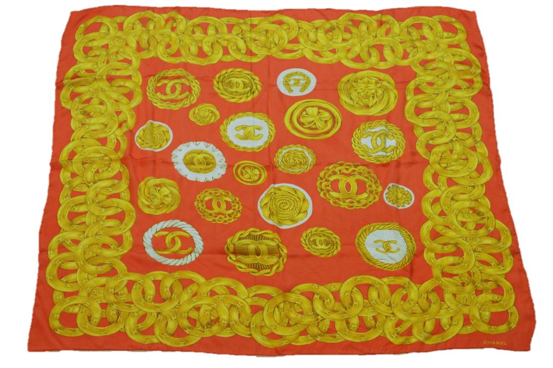 Authentic Chanel Silk Scarf Orange Gold Chain (1 of 6)