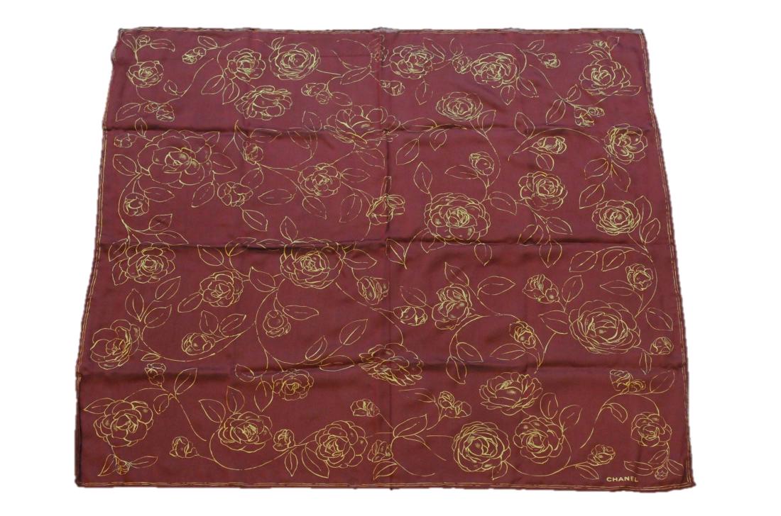 Chanel Burgundy Silk Scarf Gold Camellias 34"x34" (1 of 4)