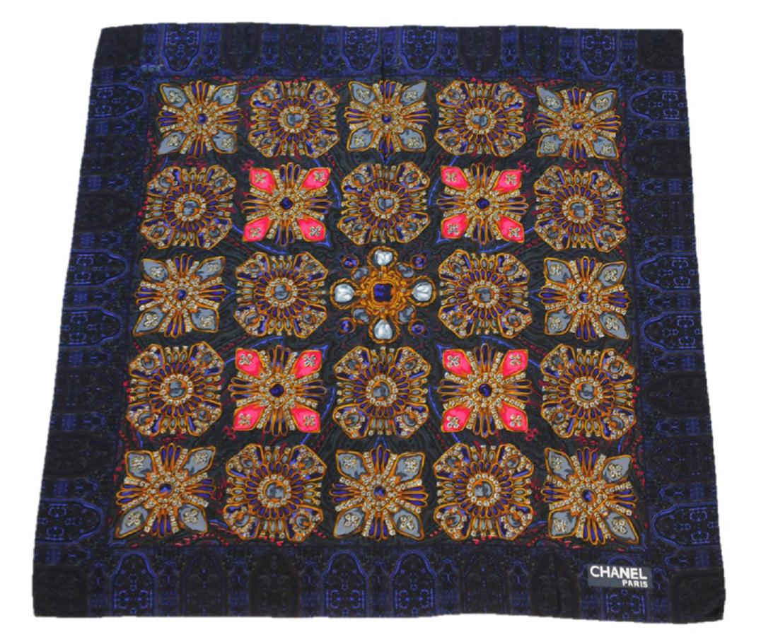 Chanel Silk Scarf Grey Gold Purple Jewel Pattern (1 of 5)