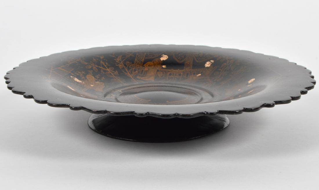 Papier Mache Footed Bowl Chinoiserie Blk Lacquered: Antique French Papier Mache Footed Bowl. Asian design, chinoiserie, black lacquered Chinese Japanese decor. 14" D x 2.5" H. Condition: Very good. Please examine all photos closely. Contact C. Biddle A