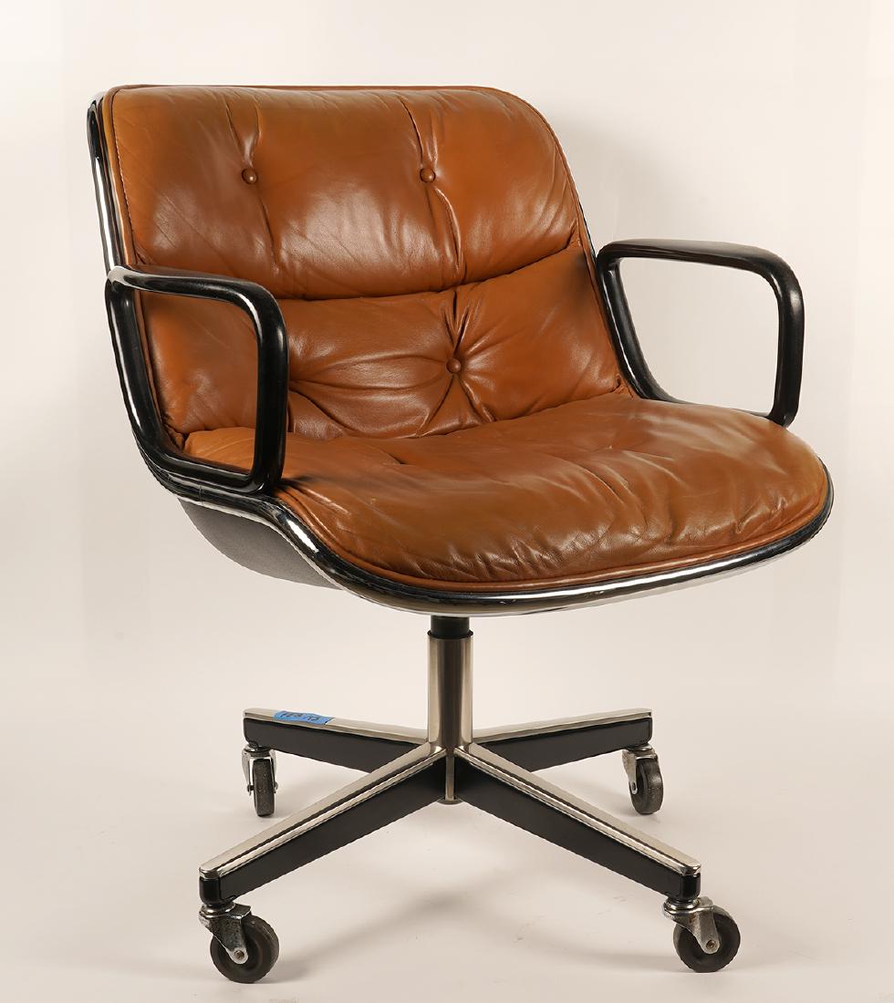 Charles Pollock Desk Chair Knoll International: Leather executive desk chair designed by Charles Pollock and made for Knoll International. Chair is in good condition with wear seen in photos. Sticker on bottom. 32" H x 26" W x 19" Seat Height. Plea