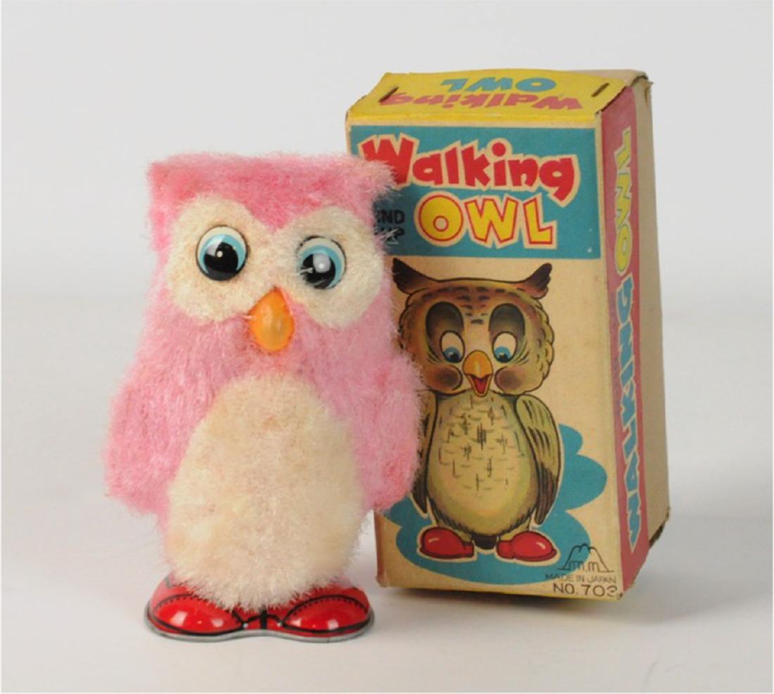 Vintage Wind Up Toy Walking Owl Tin Feet: Vintage wind up toy. Walking owl. In Original Box. 4.75"H. Condition: Good Working. Please examine all photos closely. Contact C. Biddle Auction Gallery for more detailed information. C. Biddle Auctio