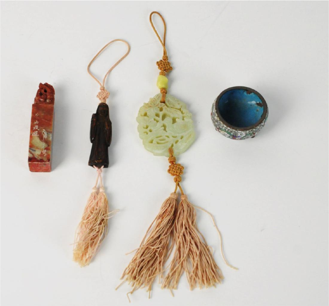 4 Chinese lot Jade Wood Pendants, Cloisonee, Seal (1 of 8)