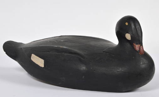 Monhegan Style Scoter Decoy by Gus Wilson: Monhegan Style Scoter by Gus Wilson of Portland Maine. Slightly turned inlet head. Chip on one side of tail, numerous cracks to body and paint loss. *Sold in 1992 at Gary Guyette and Frank Schmidt Auc