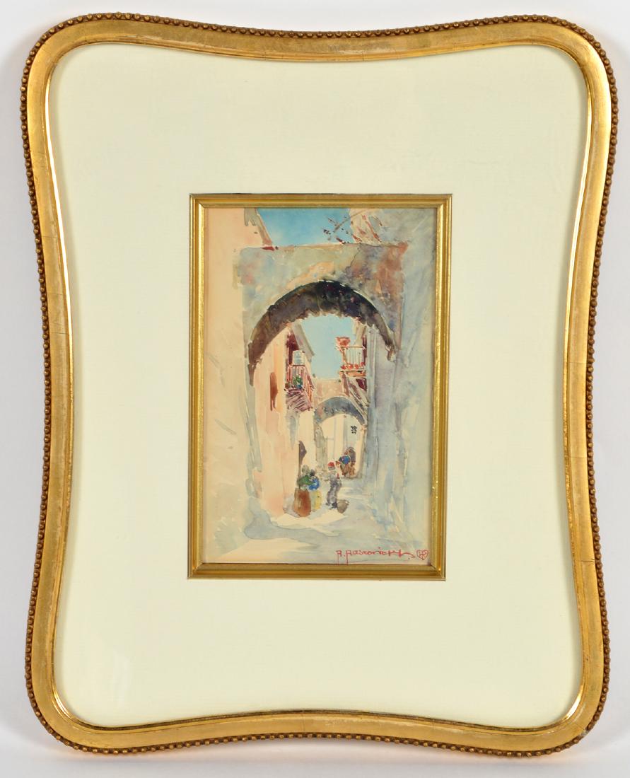 Roberto Benjamine Rascovich Tunisian Watercolor: Roberto Benjamine Rascovich (1857 - 1905). 'Tunisian Street Scene'. Signed bottom right. Watercolor on paper. Paper visibly measures 7" H x 4.5" W, Framed 14.5" x 12". Condition: Good. Please examine 
