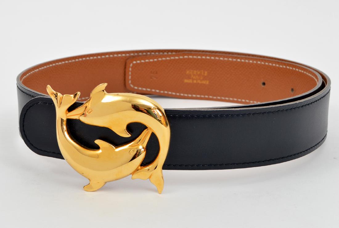 Hermes Black Leather Belt Gold Dolphin Buckle (1 of 8)