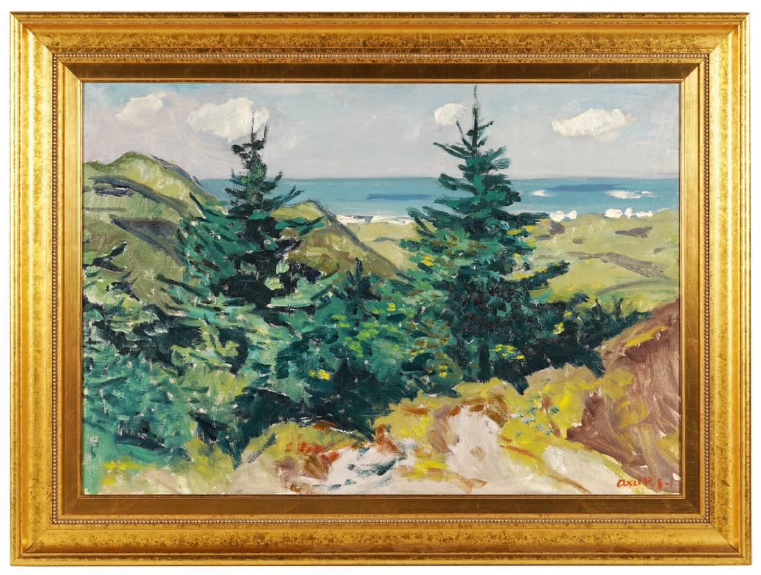 Signed Landscape Oil Painting: Signed painting of Pine Trees. Well executed. Mystery artist. Oil on canvas. Good condition with some wear to frame. 25"H x 36"W, framed 32.5" H x 44". Condition: Very good. Please examine all photos