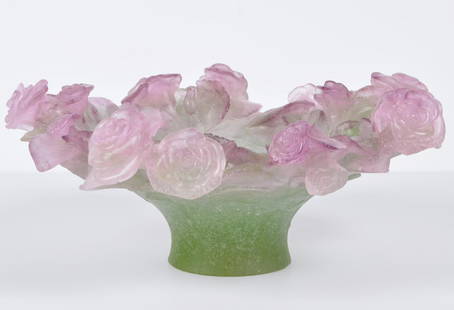 Daum Pate De Verre 'Roses' Crystal Bowl: Signed Daum Pate De Verre Crystal Bowl. Signed and initialed on bottom. 'Roses' Pattern. No Box. Condition: Good. The material makes it difficult to see and small chips but I don't see anything