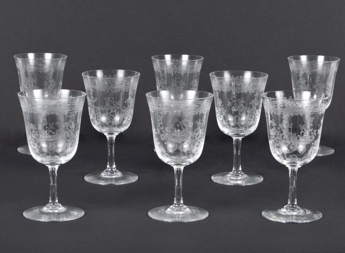 Eight Barccarat Lafayette Red Wine Clear Etched: Eight Baccarat Lafayette Pattern Code: BACLAF red wine glasses, clear, etched with scrolls. 5.3/8"H x 2 7/8"W Condition: Very good. Please examine all photos closely. Contact C. Biddle Auction Gallery