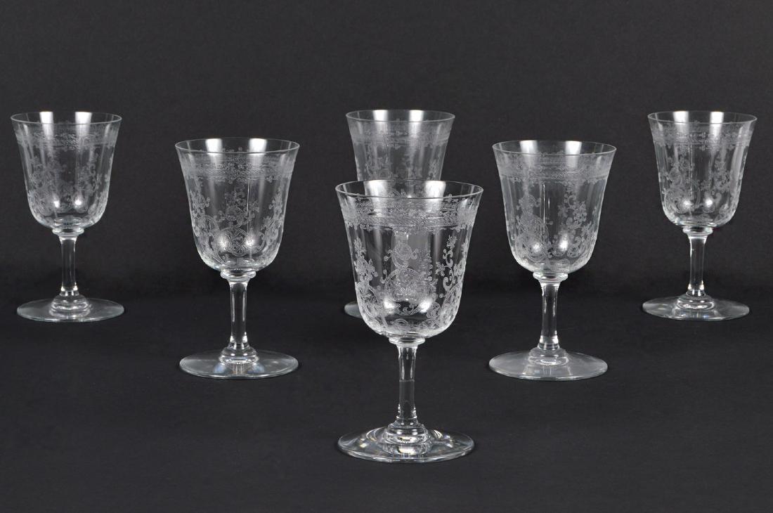 Six Barccarat Lafayette White Wine Clear Etched: Six Baccarat Lafayette Pattern Code: BACLAF white wine glasses, clear, etched with scrolls. 4.75""H x 2 7/8"W Condition: Very good. Please examine all photos closely. Contact C. Biddle Auction Gallery