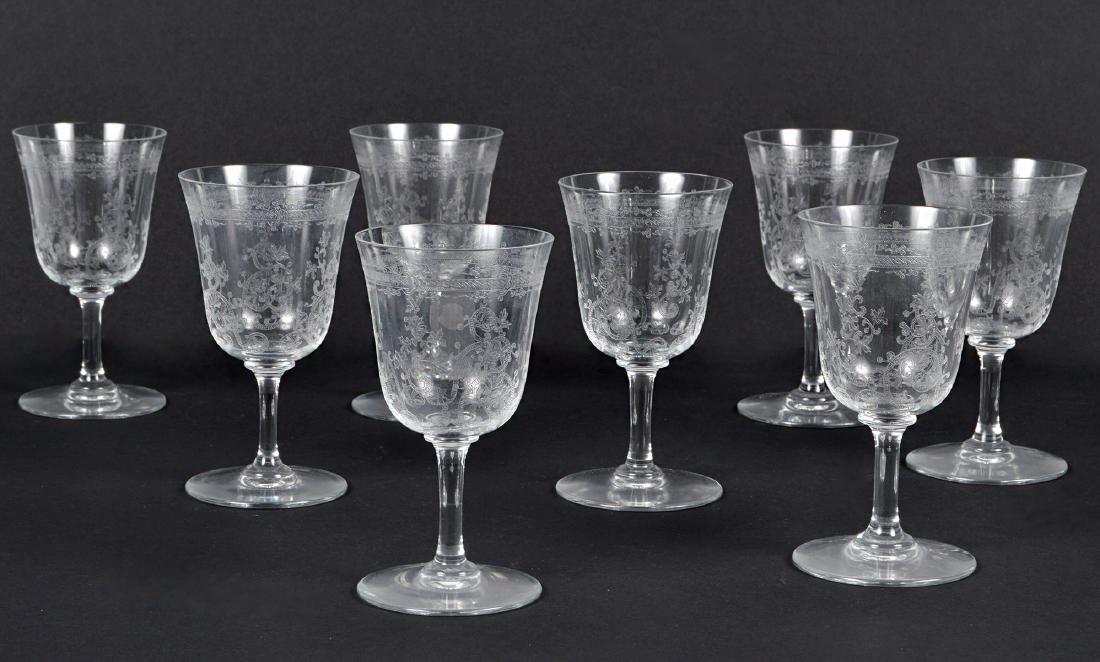 Eight Barccarat Lafayette White Wine Clear Etched: Eight Baccarat Lafayette Pattern Code: BACLAF white wine glasses, clear, etched with scrolls. 4.75""H x 2 7/8"W Condition: Very good. Please examine all photos closely. Contact C. Biddle Auction Galle