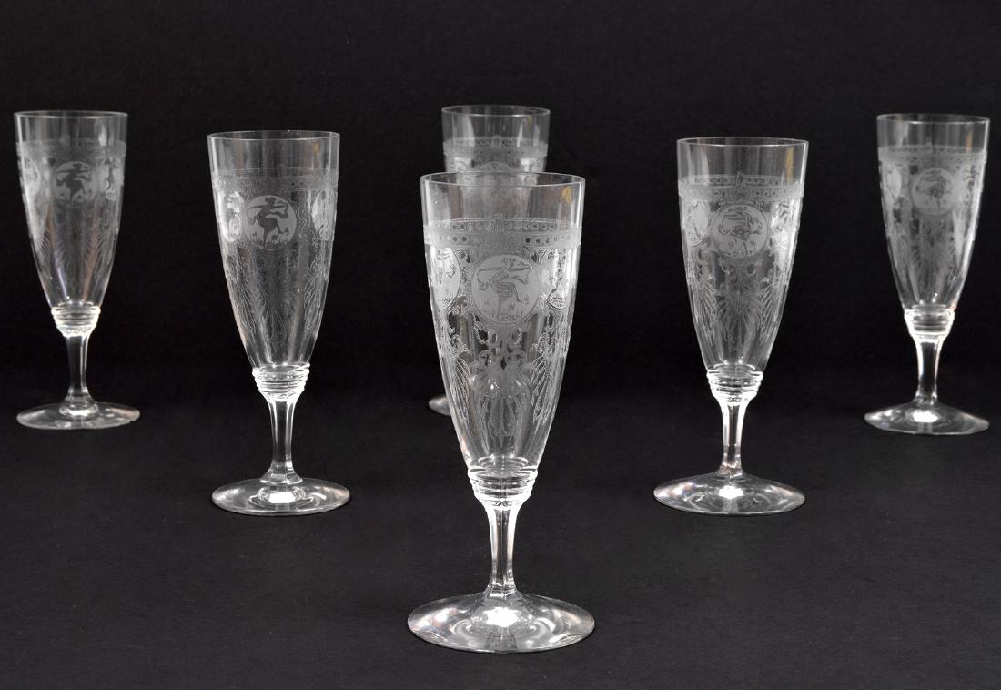 6 Heisey Pied Piper Claret wine clear etched: Six Heisey Pied Piper Claret wine, clear, etched. 6.25"H. Condition: Very good 5 and one has minor chip to bottom. Please examine all photos closely. Contact C. Biddle Auction Gallery for more detaile