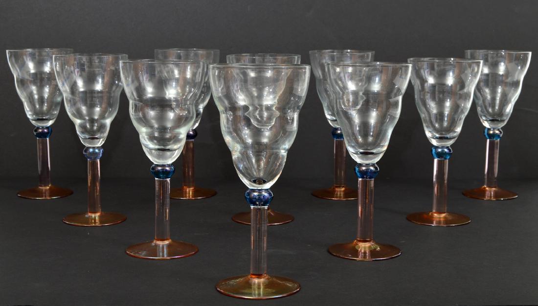 10 Italian Colored Glass Red Wine Glasses: 10 italian red wine glasses with a pink stem, accented with a blue ball and and amber base. 7.75"H. Condition: Very good - no chips or cracks. Please examine all photos closely. Contact C. Biddle Auct