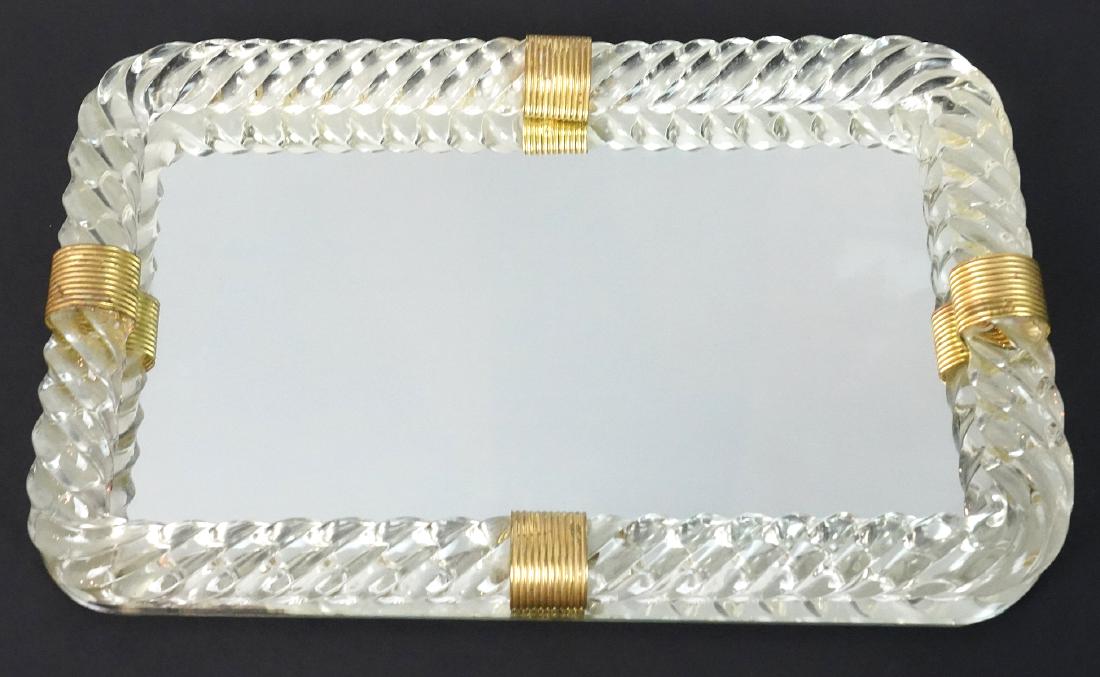 Mirrored Brass Tray In Style of Venini Murano: Glass and mirrored tray in the style of Venini, Murano. Unmarked. 16" L x 10" W. Condition: Good. One rubber foot is missing. Please examine all photos closely. Contact C. Biddle Auction Gallery for m