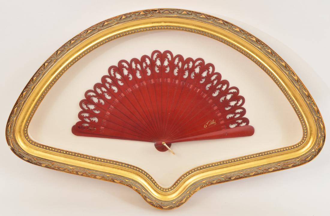 Signed Framed Red Carved Lacquer Hand Fan (1 of 3)