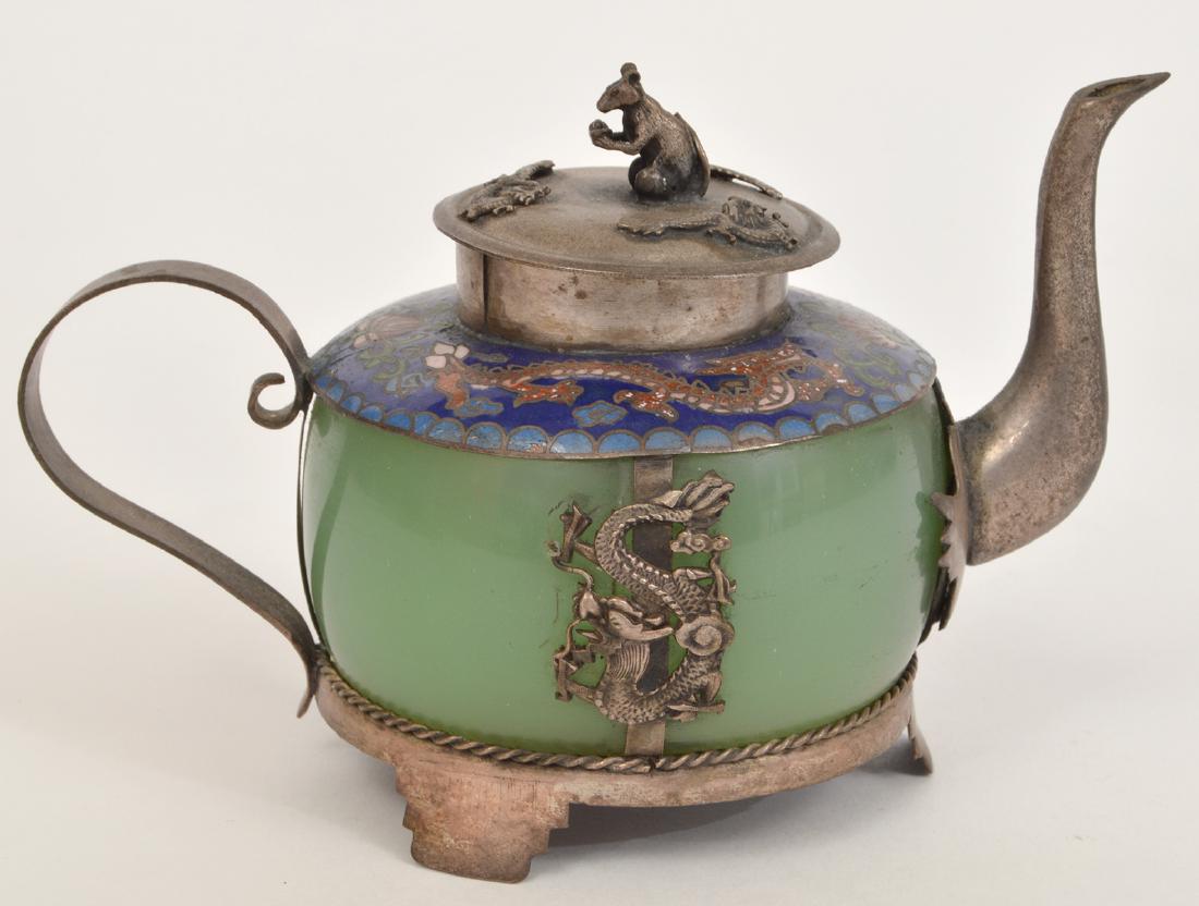 Chinese Pewter Cloisonne Green Stones Teapot (1 of 8)