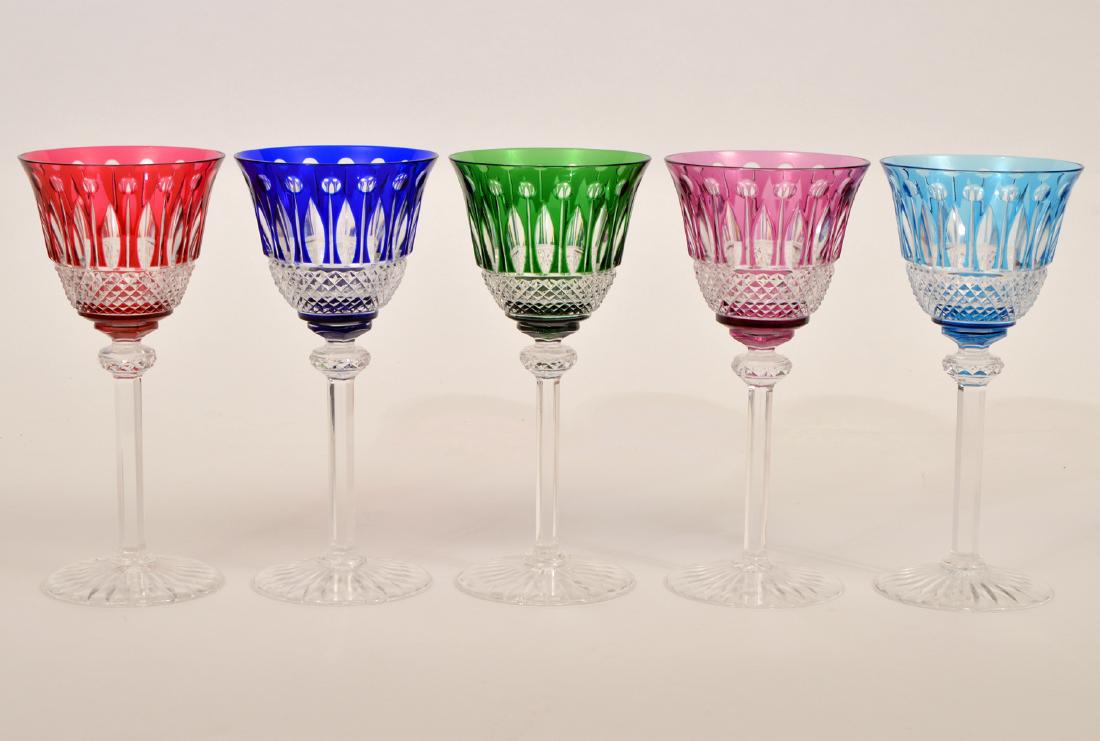 5 Crystal Saint Louis Colorful Wine Glasses: 5 France, Saint Louis crystal colorful wine glasses cut to clear. 1 royal blue, 1 pink, 1 red, 1 green, 1 light blu, marked on bottom St Louise, Crystal France. . 8"H. Condition: Very good - no chips 