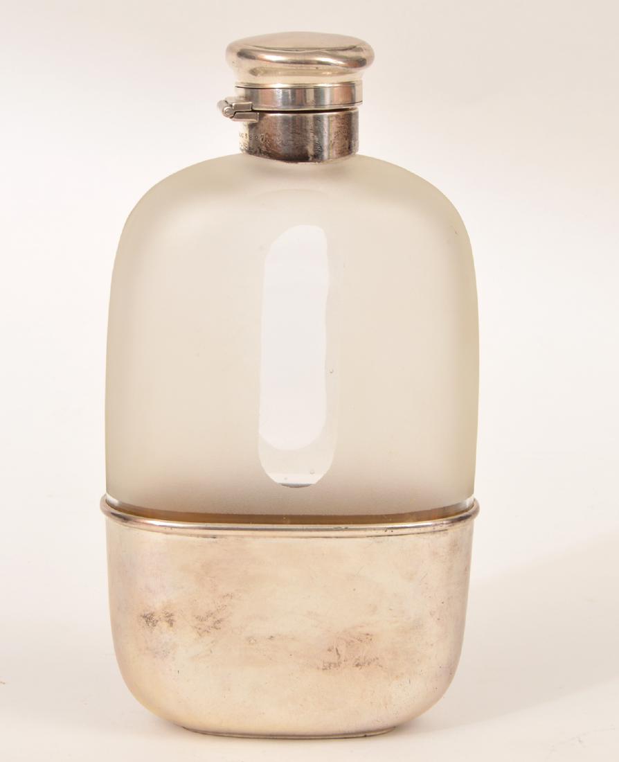 Gorham Flask Frosted Clear Glass Sterling Cup: Gorham Frosted to Clear Glass Flask, with Sterling cap & removal cup. Fully marked S827, Sterling, 1 Pint. Weight: Cup only 122.3 grams. Condition: Good, dent in cap. Please examine all photos closely