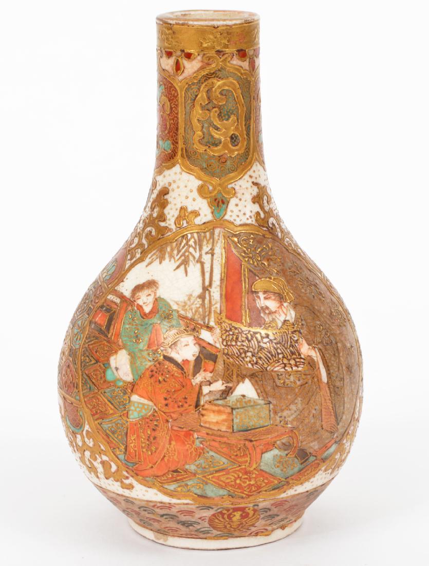 Antique Japanese Satsuma Vase Teal Red Gold: Antique Japanese satsuma vase in bright teal, red and gold. 5"H. Condition report: Very good - no issues. Please examine all photos closely. Contact C. Biddle Auction Gallery for more detailed informa