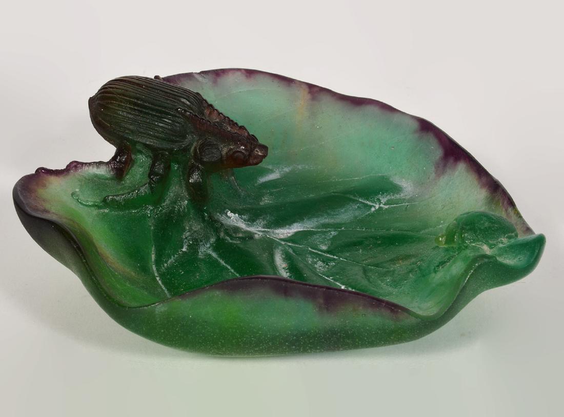 Daum France Art Glass Beetle & Ladybird Dish: Daum France Art Glass Pate de Verre Beetle and Ladybird Dish, signed. 6.5"L x 6.25W x 2"H. Condition report: Good -one chip (see photo). Please examine all photos closely. Contact C. Biddle Auction Ga