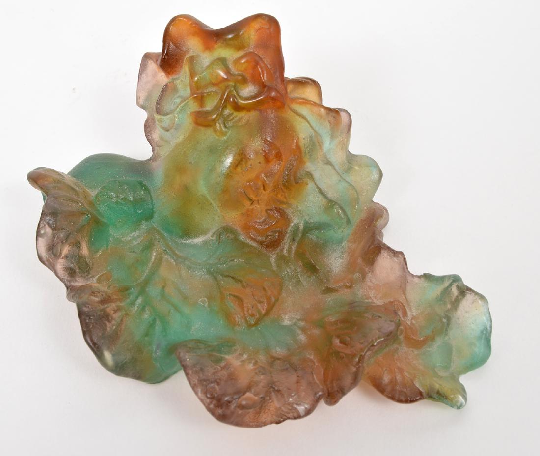 Daum France Art Glass Pate de Verre Bacchus Dish: Daum France Art Glass Pate de Verre Bacchus dish, signed. 5"L x 4"W x 2.5"H. Condition report: Good -two chips (see photos). Please examine all photos closely. Contact C. Biddle Auction Gallery for mo