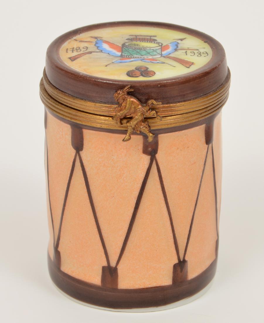 Limoges French Revolution Drum Trinket Box: Limoges Peint Main French Revolution drum trinket box. Marked on bottom: Limoges France Peint Main P.V. 2.25" Condition report: Very good - no issues. Please examine all photos closely. Contact C. Bid