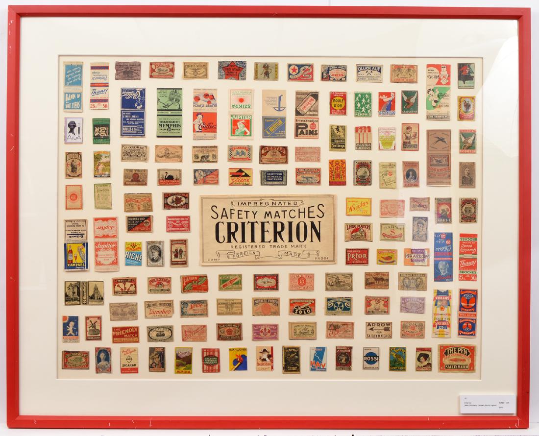 123 Match Book Covers Kersen De Jong "Criterion": 123 Match Book covers by Kersen De Jong "Criterion" Swiss Chocolate, Campri, Nestle England. Matches are under plexiglass, framed in thin red fame. Visible mounting: 25.5"H x 33.25"L, Framed: 40"H x 3