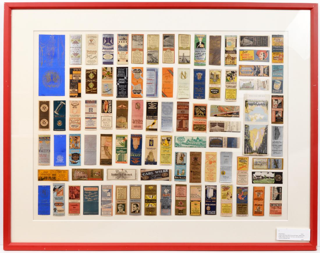 79 Match Book by Kersen De Jong "All American": 79 Match Book covers by Kersen De Jong "All American" Golden Gate Expo 1939, Roosevelt Hotel, Oakland Bay Bridge, Place Hotel, Yosemite Park. Matches are under plexiglass, framed in thin red fame. Vis